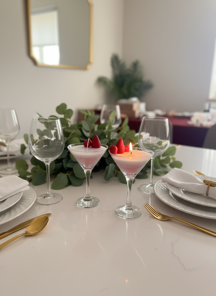 Mesa frontal aspiracional pero alcanzable, eucaliptos, velas encendidas, ambiente acogedor