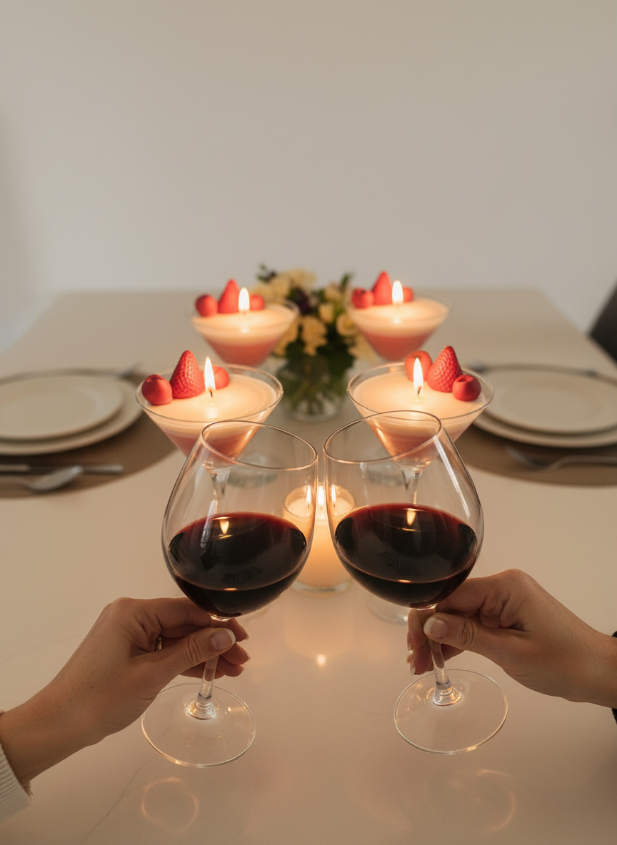 Manos brindando con velas de fondo