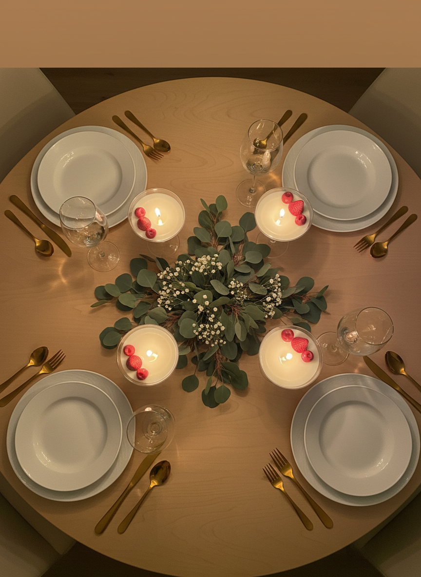 Mesa cenital 4 velas encendidas copas eucalipto