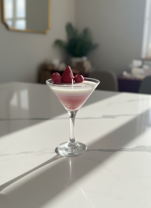 Vela con capas rosa y blanca en mármol, luz natural, estética escandinava