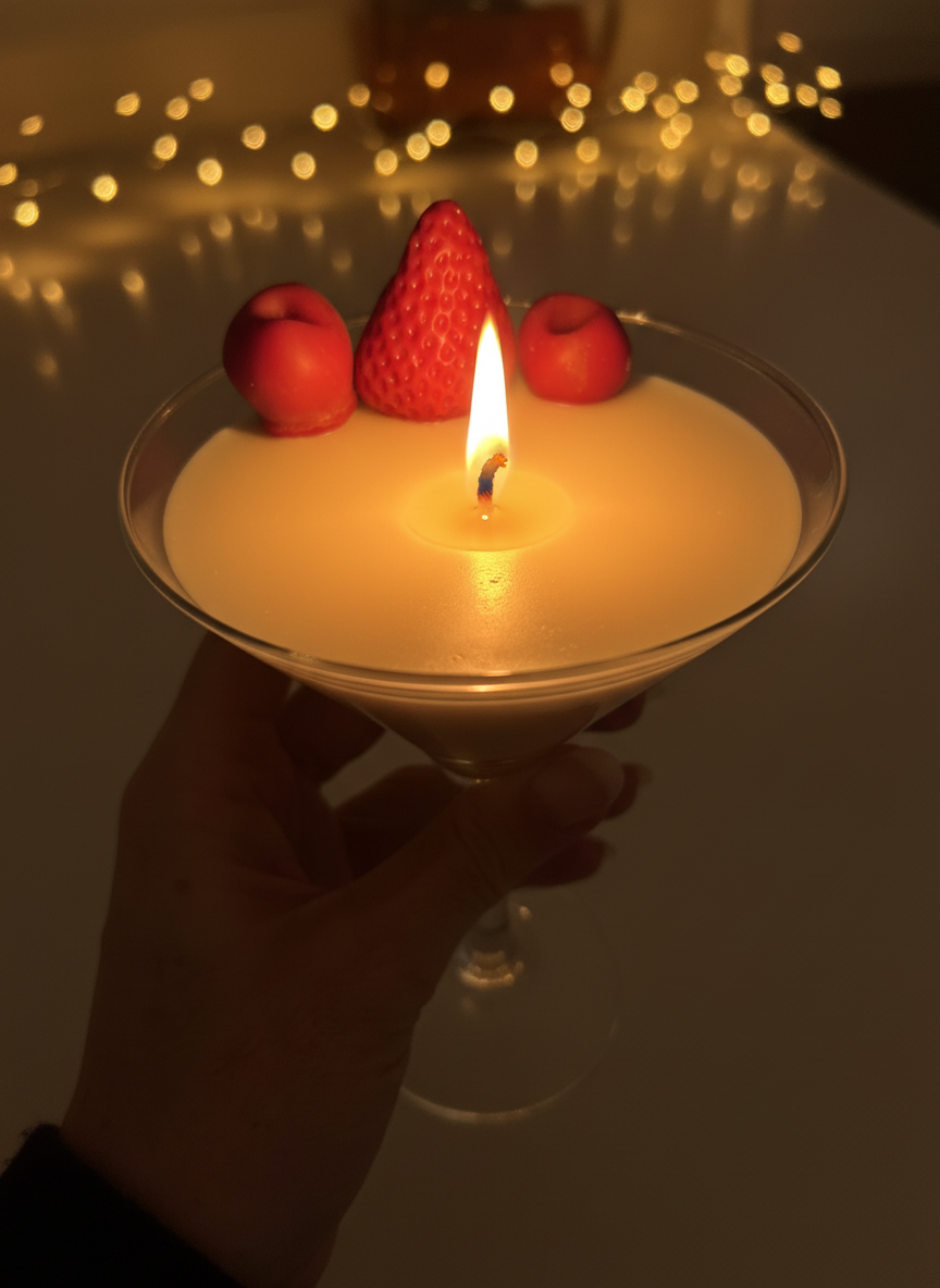 Vela encendida ambiente tenue, tonos cálidos, foco en llama y berries